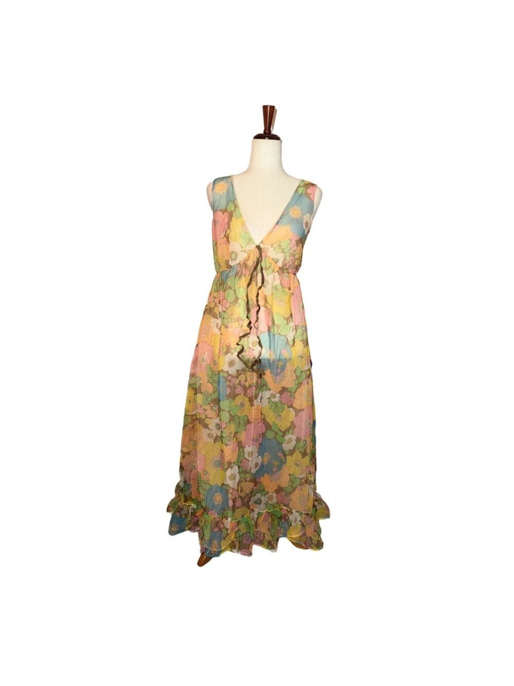 Vintage 1960s to 1970s floral chiffon maxi dress deep v- front. 100% nylon USA  - Picture 3 of 13